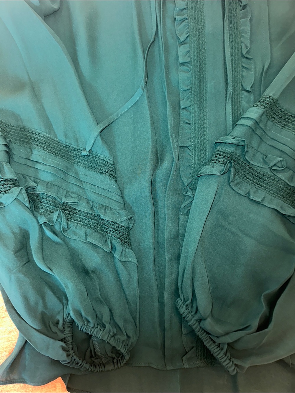Kobi Halperin Teal Ruffle-Front Long-Sleeve Blouse